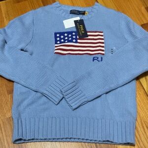 Ralph Lauren Men's Light Blue Flag Crewneck Sweater